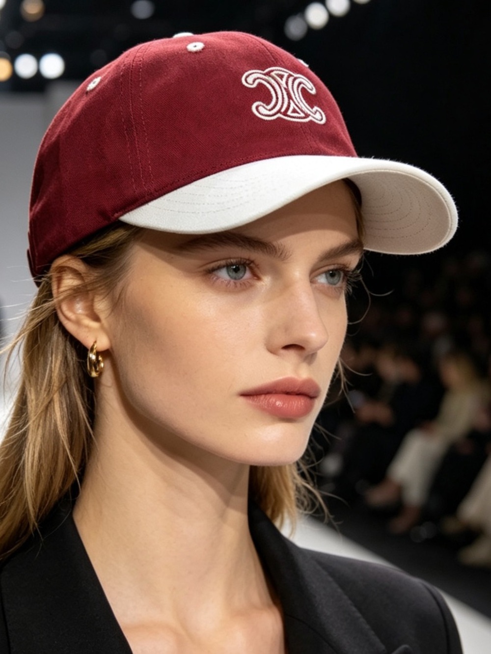 Celine. Rich Burgundy White Triomphe Embroidered Hat Cap